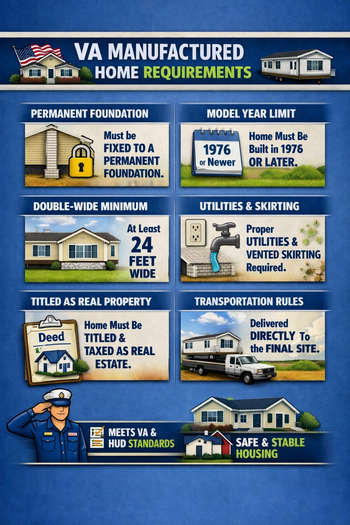 Poster outlining requirements for VA manufactured homes, including specifications and eligibility criteria. 