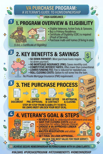 Poster detailing the VA Purchase Program, highlighting benefits for veterans buying homes. 