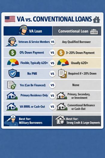 Comparison chart of VA loans and conventional loans highlighting key differences and benefits. 