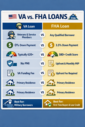 Infographic detailing features of VA loans compared to FHA loans for potential homeowners.