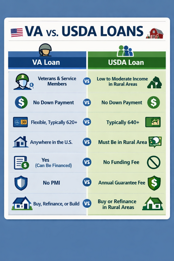 Comparison of VA and USDA loans, highlighting key differences in benefits and eligibility for homebuyers.  