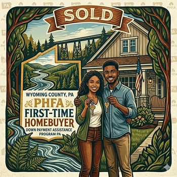 Poster advertising a home for sale, featuring "Wyoming County First-Time Homebuyer" prominently displayed.  